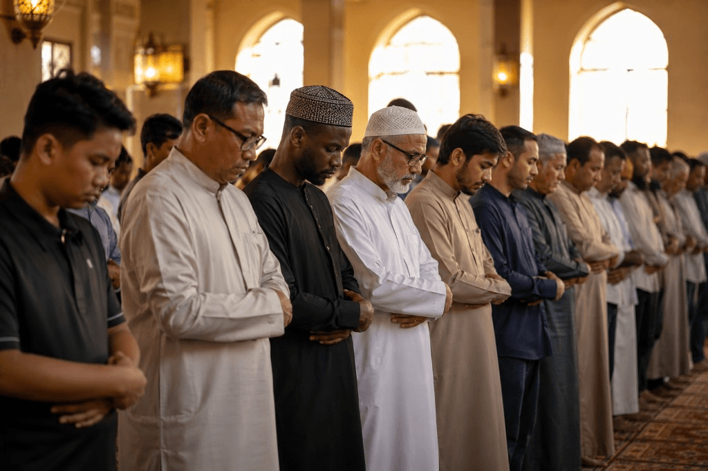 Worshippers standing together in prayer in a warmly lit mosque prayer hall
